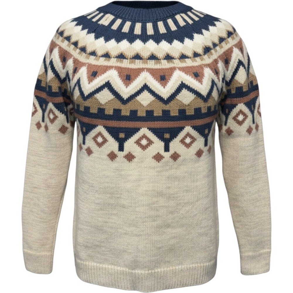 Fair Isle Knit Crewneck Sweater CCK Style Women XL/42 Oatmeal Beige Blue